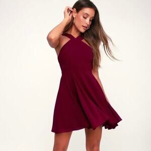 Lulus Forevermore Skater Mini Dress Burgundy Red Halter Fit & Flare Womens XS